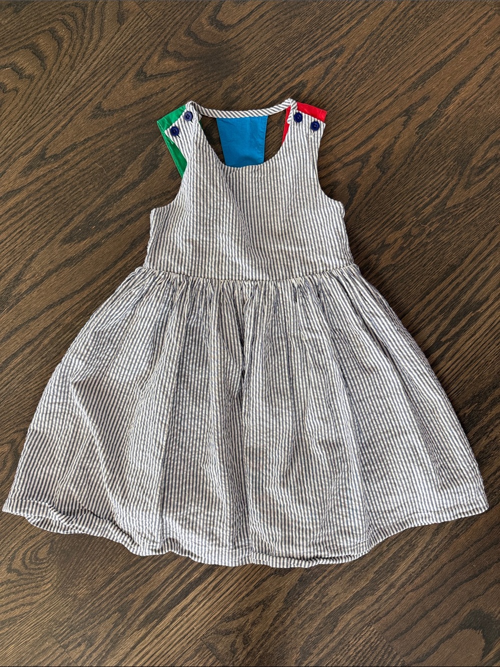 Striped Seersucker Kids Dress with Color-Block Shoulder Details